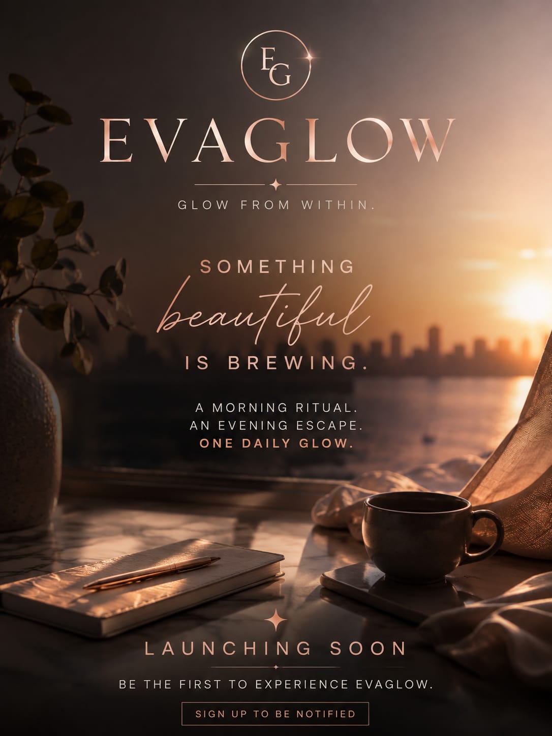 EVAGLOW — Glow From Within. Something beautiful is brewing. A morning ritual. An evening escape. One daily glow. Launching soon.